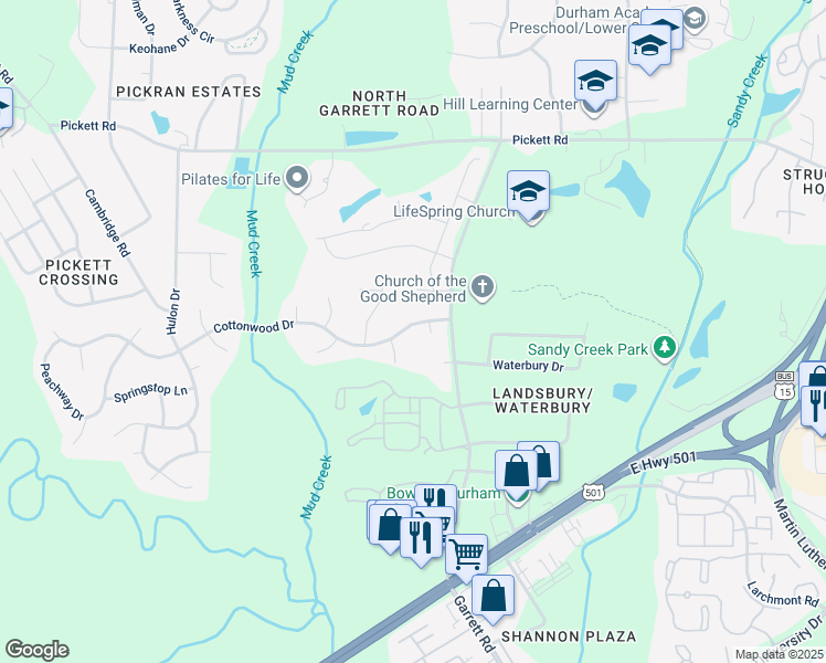 map of restaurants, bars, coffee shops, grocery stores, and more near 3417 Cottonwood Drive in Durham