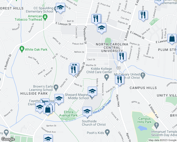 map of restaurants, bars, coffee shops, grocery stores, and more near 515 Burlington Avenue in Durham