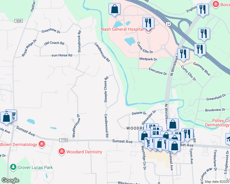 map of restaurants, bars, coffee shops, grocery stores, and more near 140 Candlewood Road in Rocky Mount