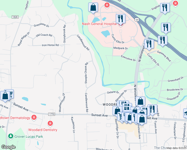 map of restaurants, bars, coffee shops, grocery stores, and more near 140 Candlewood Road in Rocky Mount