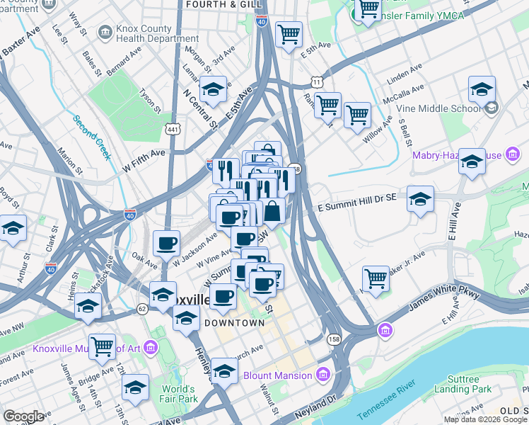 map of restaurants, bars, coffee shops, grocery stores, and more near 118 West Jackson Avenue in Knoxville