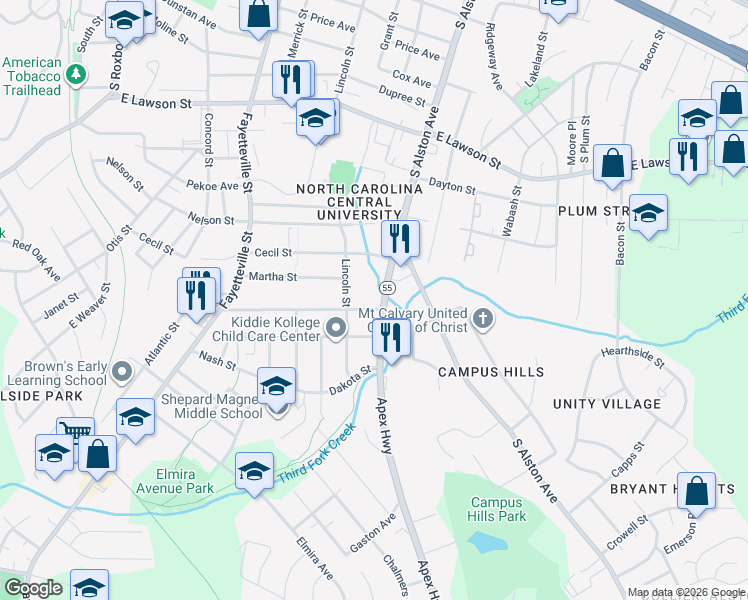 map of restaurants, bars, coffee shops, grocery stores, and more near 711 Burlington Avenue in Durham