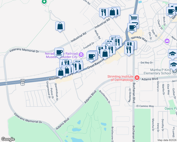 map of restaurants, bars, coffee shops, grocery stores, and more near 1542 Tilman Lane in Boulder City