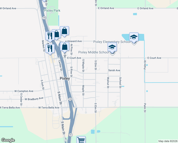 map of restaurants, bars, coffee shops, grocery stores, and more near 318 S Maple St in Pixley