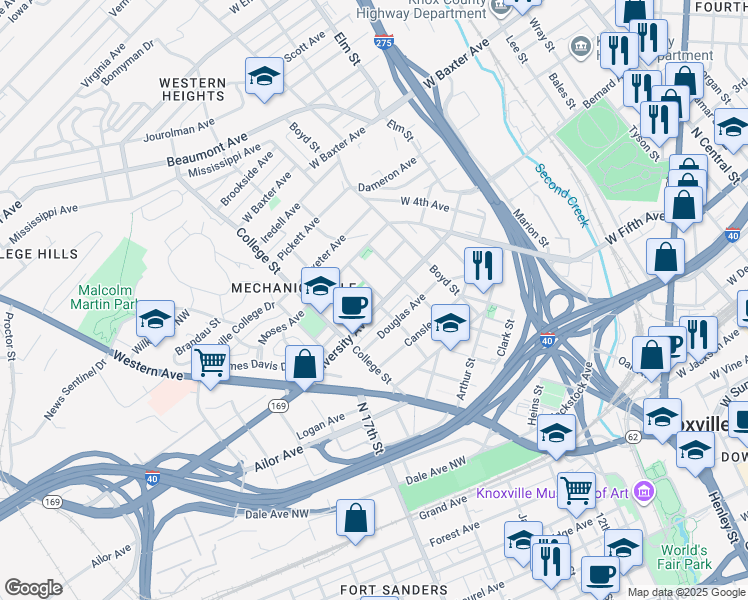map of restaurants, bars, coffee shops, grocery stores, and more near 1617 Dora Street in Knoxville