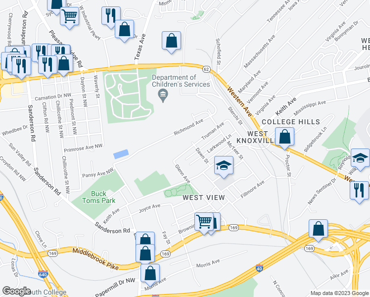map of restaurants, bars, coffee shops, grocery stores, and more near 2617 Truman Avenue in Knoxville