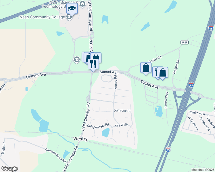 map of restaurants, bars, coffee shops, grocery stores, and more near 4790 Gardenia Circle in Rocky Mount