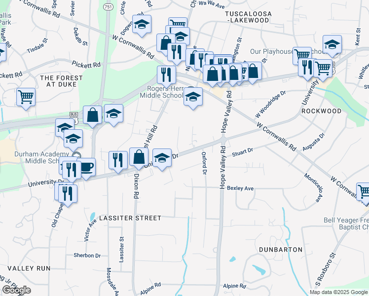 map of restaurants, bars, coffee shops, grocery stores, and more near 2913 Monroe Avenue in Durham