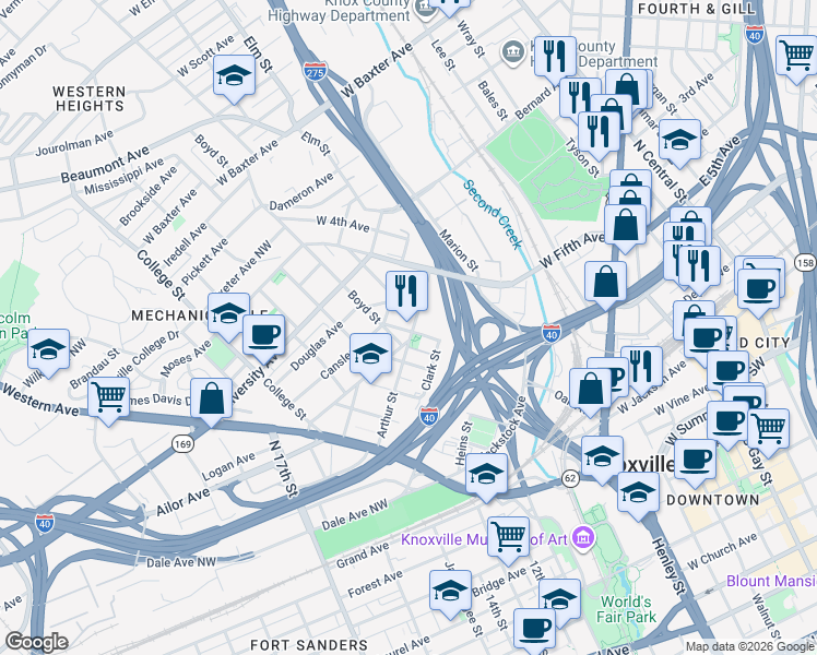 map of restaurants, bars, coffee shops, grocery stores, and more near 512 Cansler Avenue in Knoxville