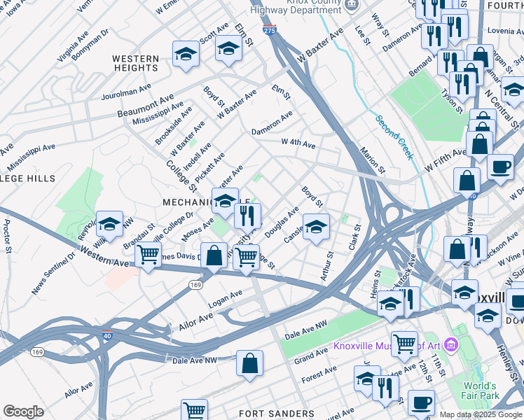 map of restaurants, bars, coffee shops, grocery stores, and more near 1617 Dora Street in Knoxville