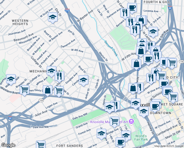 map of restaurants, bars, coffee shops, grocery stores, and more near 501 Arthur Street in Knoxville