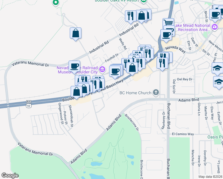 map of restaurants, bars, coffee shops, grocery stores, and more near 1504 Boulder City Parkway in Boulder City
