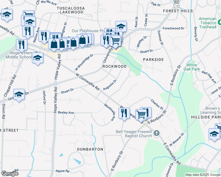 map of restaurants, bars, coffee shops, grocery stores, and more near 2715 Augusta Drive in Durham