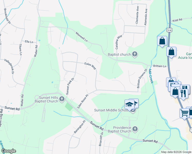 map of restaurants, bars, coffee shops, grocery stores, and more near 1980 Eulas Way in Nolensville