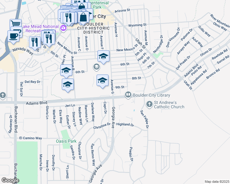 map of restaurants, bars, coffee shops, grocery stores, and more near 1200 Nelson Court in Boulder City