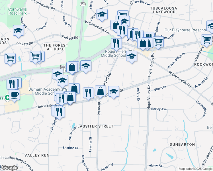 map of restaurants, bars, coffee shops, grocery stores, and more near 2929 Chapel Hill Road in Durham