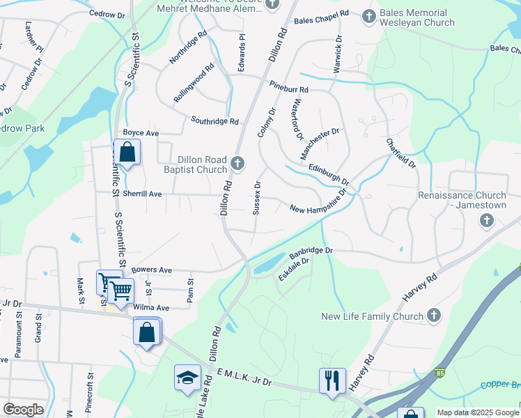 map of restaurants, bars, coffee shops, grocery stores, and more near 2920 Sussex Drive in Jamestown