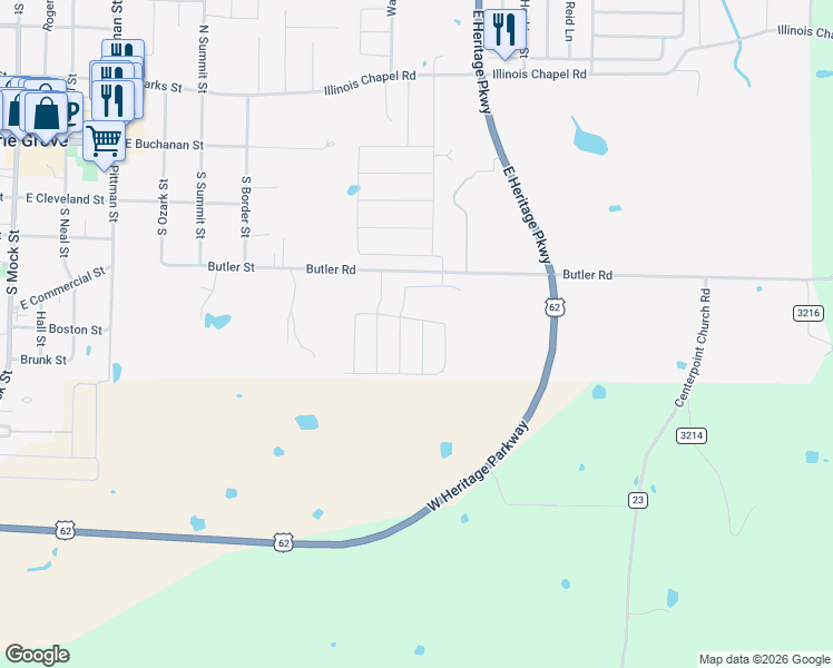 map of restaurants, bars, coffee shops, grocery stores, and more near in Prairie Grove