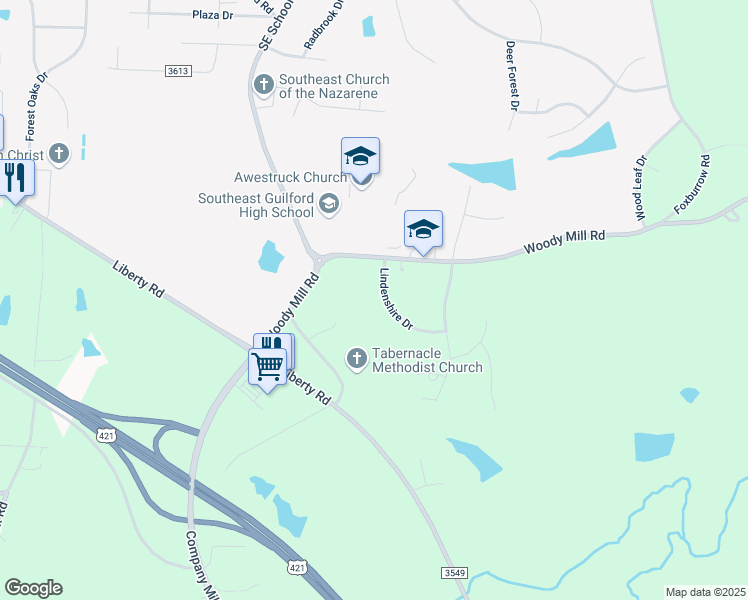 map of restaurants, bars, coffee shops, grocery stores, and more near 5604 Lindenshire Drive in Greensboro