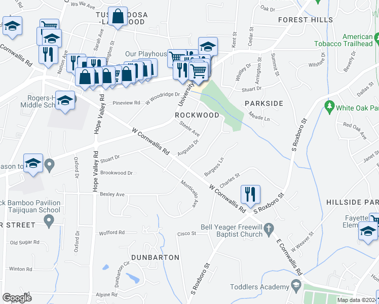 map of restaurants, bars, coffee shops, grocery stores, and more near 2715 Augusta Drive in Durham