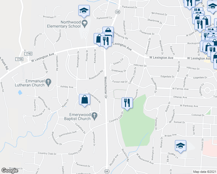 map of restaurants, bars, coffee shops, grocery stores, and more near 913 Westchester Drive in High Point