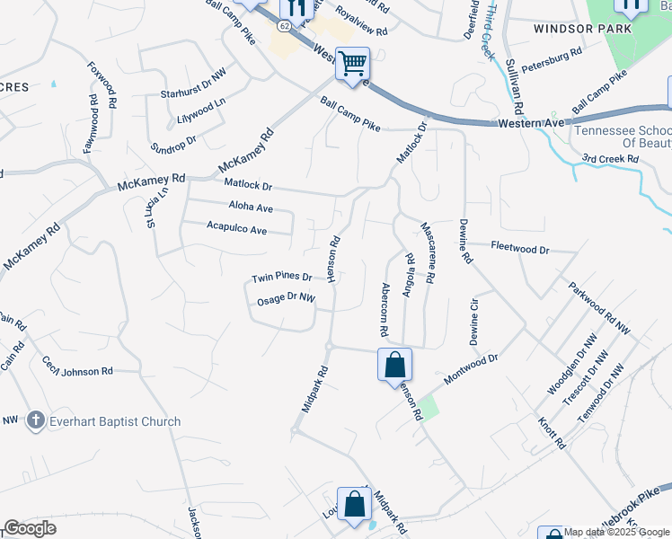 map of restaurants, bars, coffee shops, grocery stores, and more near 4431 Avery Village Way in Knoxville