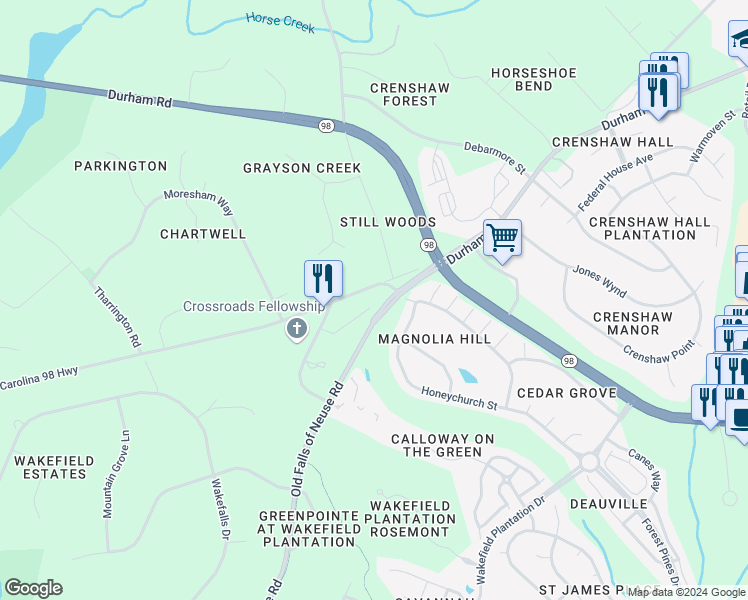 map of restaurants, bars, coffee shops, grocery stores, and more near 2563 Spring Oaks Way in Raleigh