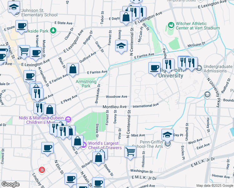 map of restaurants, bars, coffee shops, grocery stores, and more near 501 Woodrow Avenue in High Point