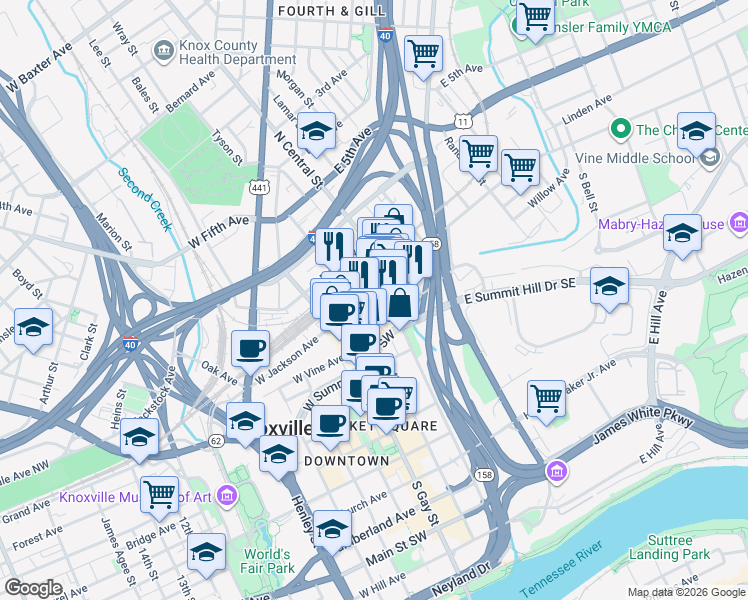 map of restaurants, bars, coffee shops, grocery stores, and more near 120 West Jackson Avenue in Knoxville