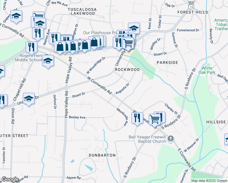 map of restaurants, bars, coffee shops, grocery stores, and more near 2720 Augusta Drive in Durham