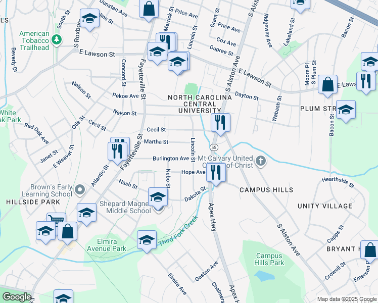 map of restaurants, bars, coffee shops, grocery stores, and more near 2214 Lincoln Street in Durham