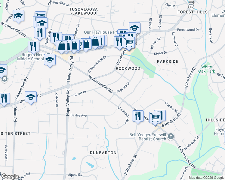 map of restaurants, bars, coffee shops, grocery stores, and more near 2716 Augusta Drive in Durham