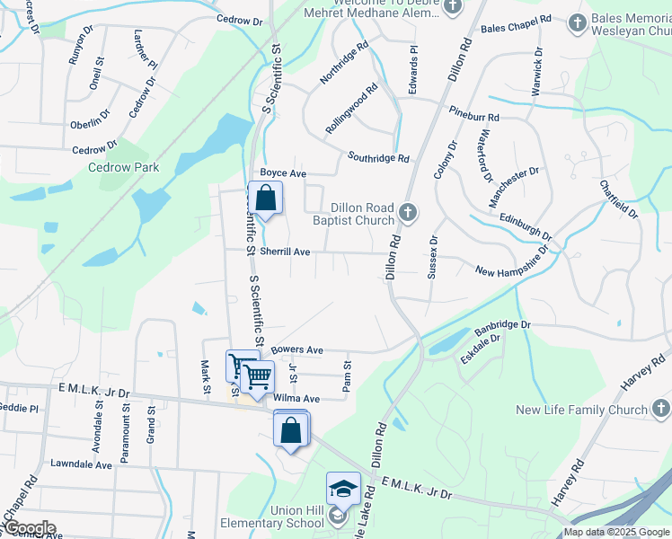 map of restaurants, bars, coffee shops, grocery stores, and more near 3022 Sherrill Avenue in Jamestown