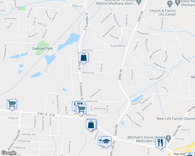 map of restaurants, bars, coffee shops, grocery stores, and more near 3014 Sherrill Avenue in Jamestown
