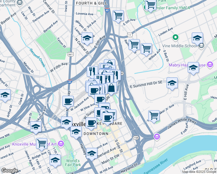 map of restaurants, bars, coffee shops, grocery stores, and more near 118 West Jackson Avenue in Knoxville