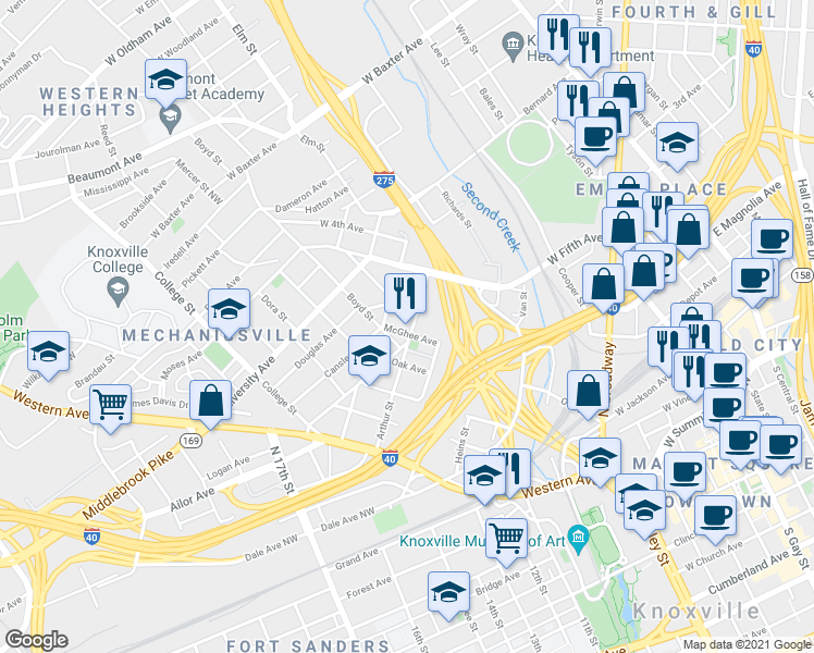 map of restaurants, bars, coffee shops, grocery stores, and more near 512 Cansler Avenue in Knoxville