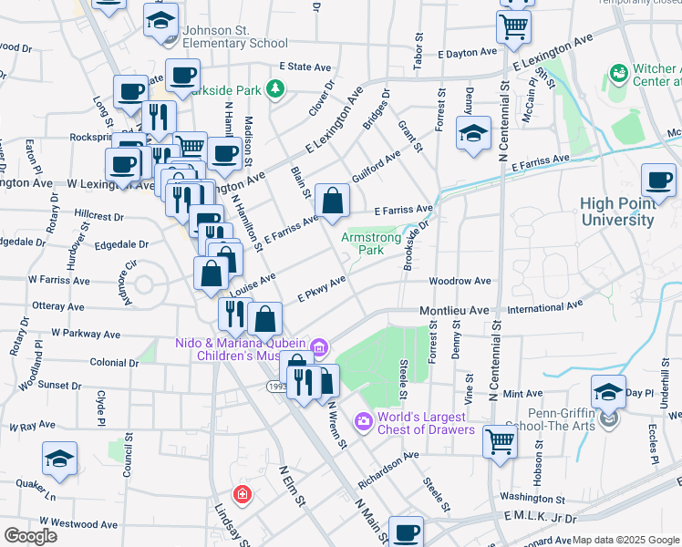 map of restaurants, bars, coffee shops, grocery stores, and more near 237 East Parkway Avenue in High Point