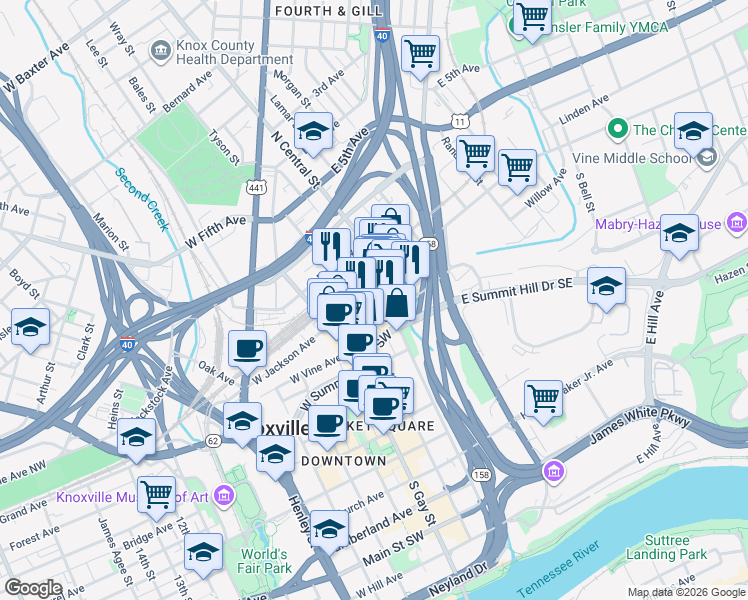 map of restaurants, bars, coffee shops, grocery stores, and more near 120 West Jackson Avenue in Knoxville