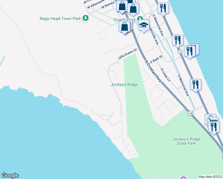 map of restaurants, bars, coffee shops, grocery stores, and more near 332 Villa Dunes Drive in Nags Head