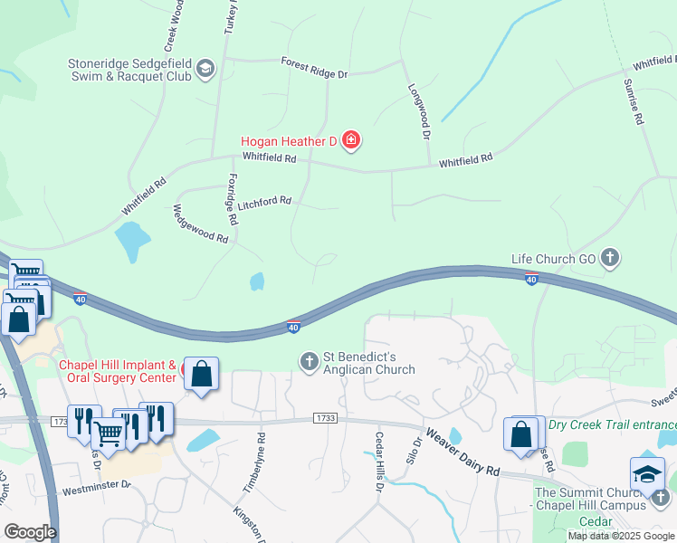 map of restaurants, bars, coffee shops, grocery stores, and more near 26 Sedgewood Road in Chapel Hill
