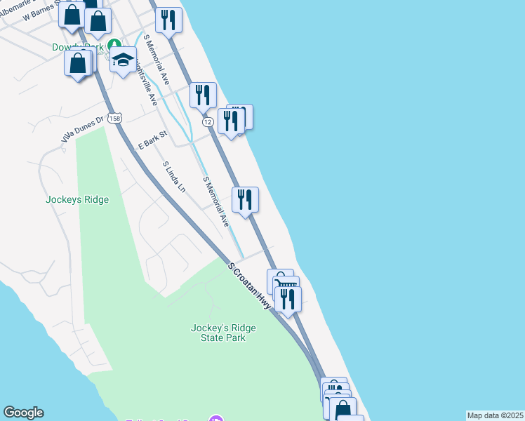 map of restaurants, bars, coffee shops, grocery stores, and more near 3517 South Virginia Dare Trail in Nags Head