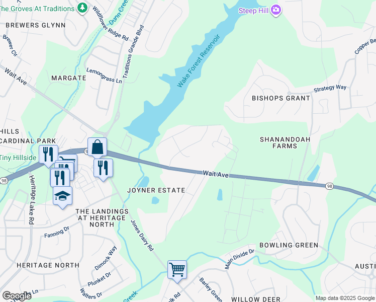 map of restaurants, bars, coffee shops, grocery stores, and more near 204 Stone Park Drive in Wake Forest