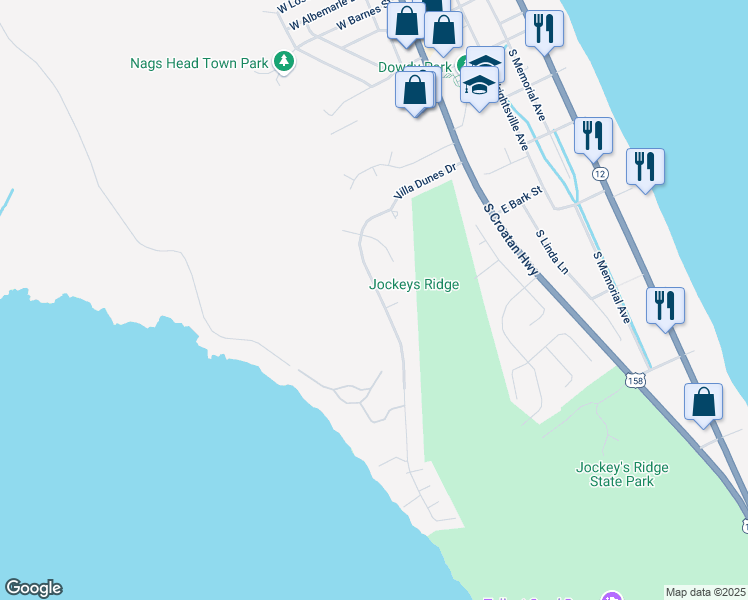 map of restaurants, bars, coffee shops, grocery stores, and more near 332 Villa Dunes Drive in Nags Head