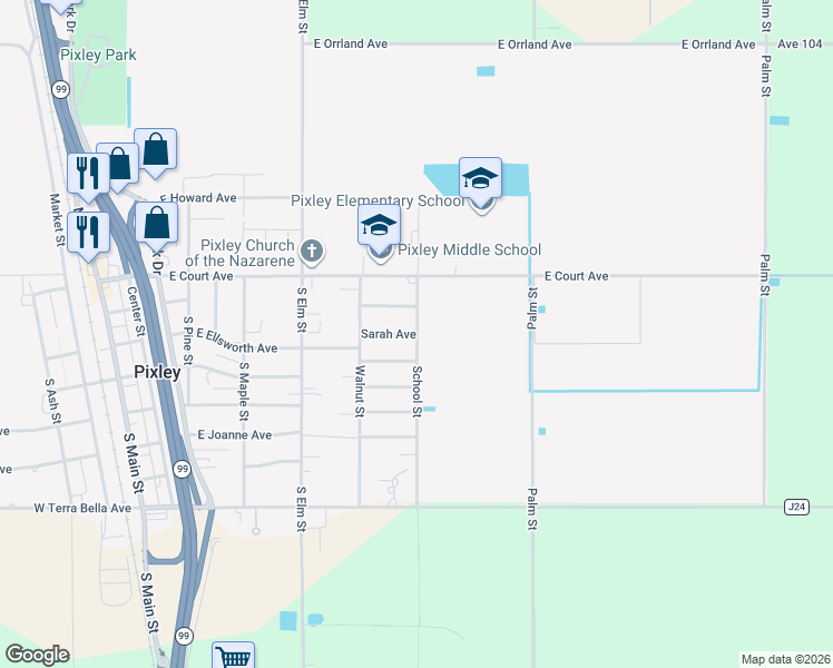 map of restaurants, bars, coffee shops, grocery stores, and more near 300 School Street in Pixley