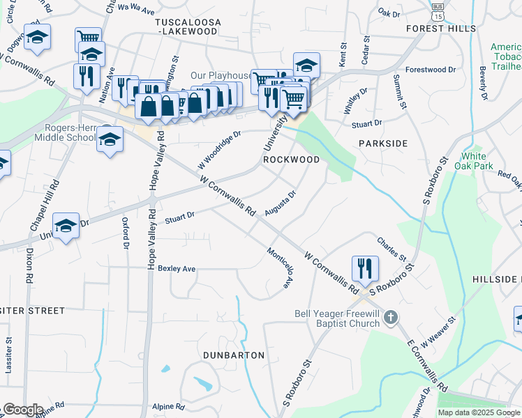map of restaurants, bars, coffee shops, grocery stores, and more near 2720 Augusta Drive in Durham