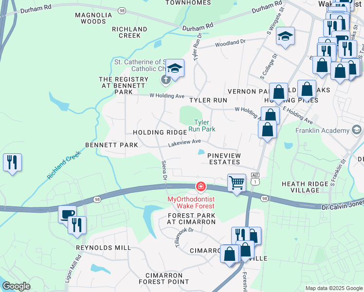 map of restaurants, bars, coffee shops, grocery stores, and more near 413 Lakeview Avenue in Wake Forest