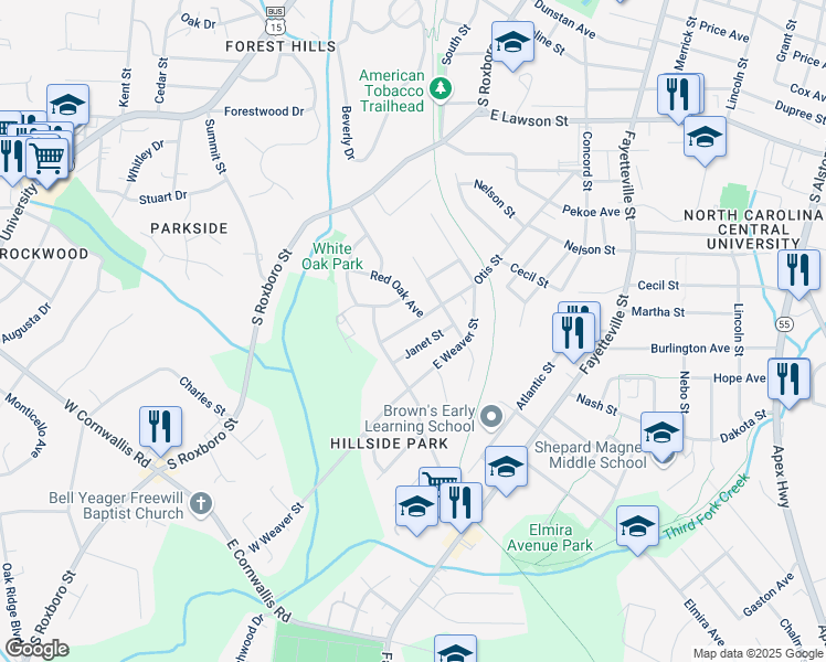 map of restaurants, bars, coffee shops, grocery stores, and more near 2501 Otis Street in Durham