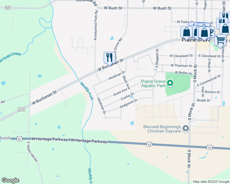 map of restaurants, bars, coffee shops, grocery stores, and more near 813 Herron Street in Prairie Grove