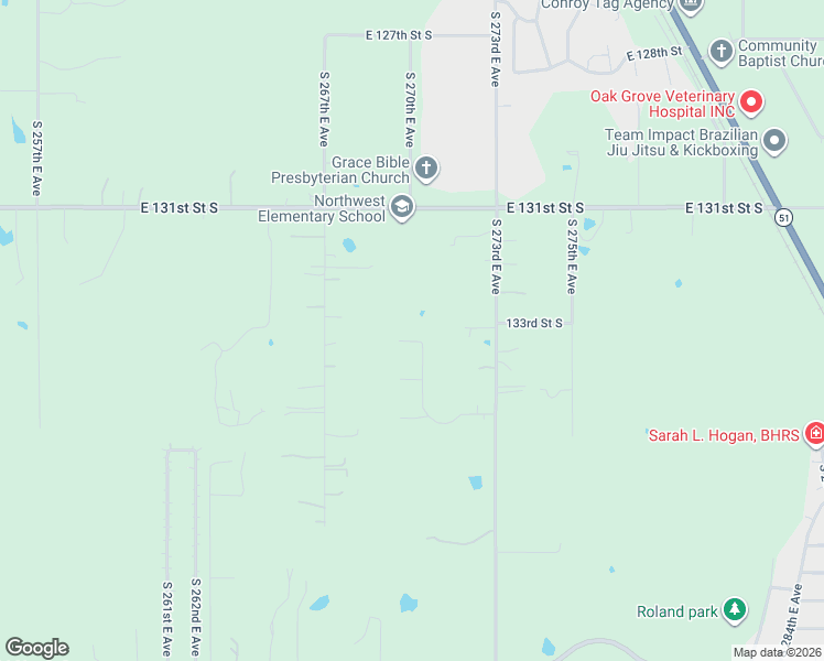 map of restaurants, bars, coffee shops, grocery stores, and more near 26961 East 134th Street South in Coweta