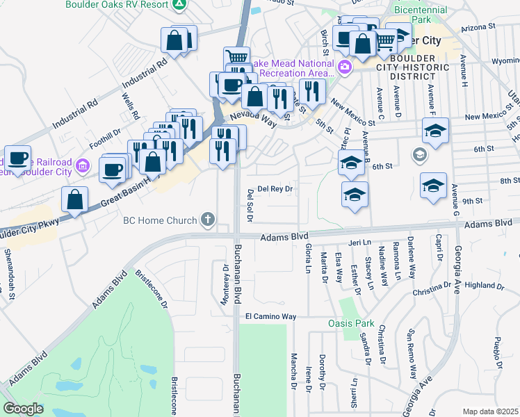 map of restaurants, bars, coffee shops, grocery stores, and more near 871 Armada Place in Boulder City